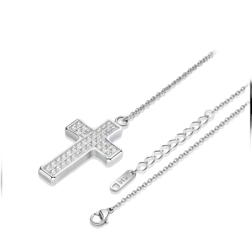 Stainless Steel Silver Cross with Mini Rhinestones Unisex Style - Picture 3 of 5